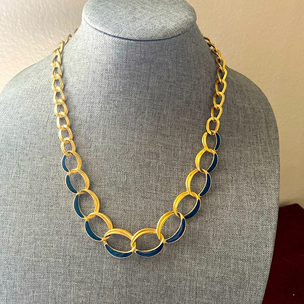 Vintage TRIFARI Gold Tone & Navy Blue Enamel Necklace
